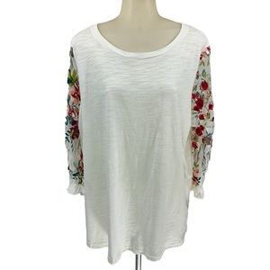 Umgee USA Women’s S Floral Embroidered Sheer Ruffle Short Sleeve Top Whi…